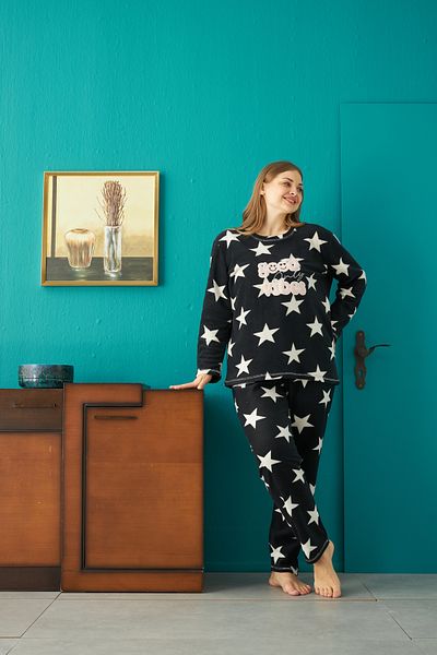Siyah İnci Bottom-Top Polar Embroidered Curve Plus Size Oversize Pajama Set
