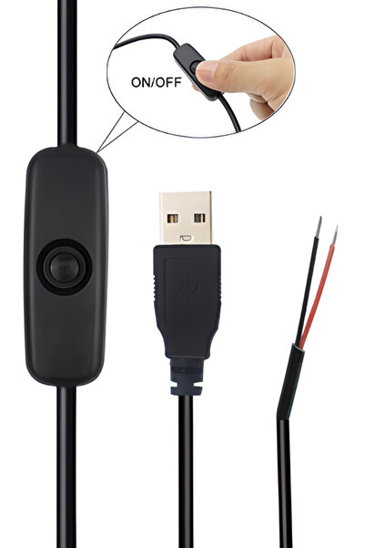Hazar Led 100 cm 2 Amper Swich'li Açık Uçlu Anahtarlı Siyah USB Kablo USB Erk...