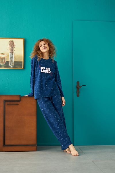 Siyah İnci Bottom-Top Polar Embroidered Pajama Set