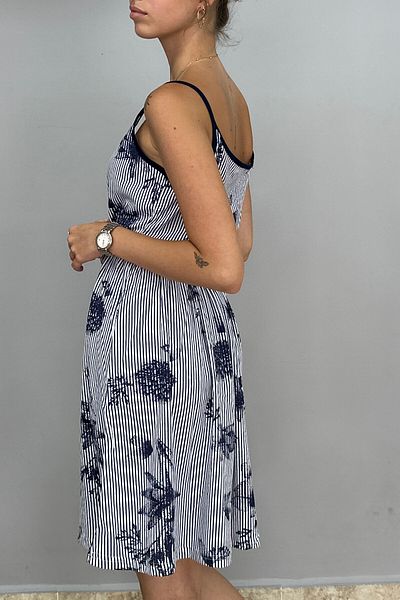 Tam Moda Γυναικείο φόρεμα με λεπτές τιράντες Λευκό-Μπλε φλοράλ ριγέ ζωσμένο