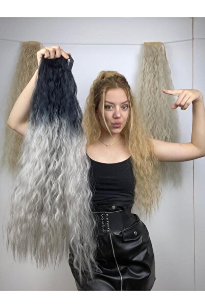 Eva Peruk Fiber Bağlamalı Su Dalgalı At Kuyruğu Siyah Gri Ombreli