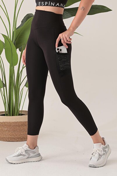 ESPİNA Women's Black High Waist Double Pocket Compacting Sports Leggings