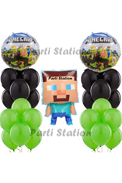 Parti Station Minecraft Konsept Doğum Günü Balon Set Minecraft Yeşil Siyah Ba...