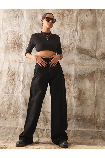 BROSERER Pantaloni largi Jans de damă Ayysi Lycra, negri, cu talie înaltă, cu...