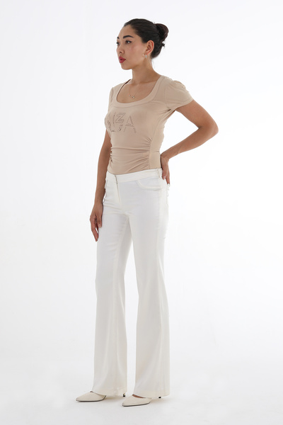 Balizza BLZ-GENİŞ YAKA TAŞ DİZAYN YANI BÜZGÜLÜ KISA KOLLU BLUZ