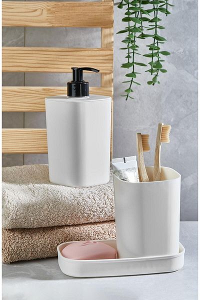 ORSA HOME Λευκό Σετ μπάνιου 3 τεμαχίων Δοχείο σαπουνιού Θήκη οδοντόβουρτσας Δοχείο υγρού σαπουνιού 205
