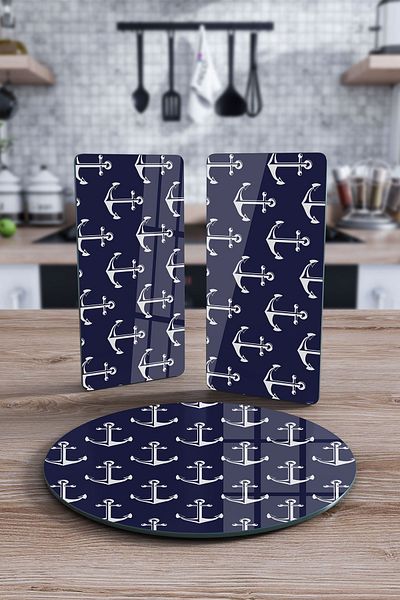 Decovetro Round Set of 3 Glass Presentation Serving Plates - Marine Anchor