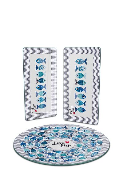 Decovetro 3-Piece Round Set Glass Presentation Service - Marine Cute Fish