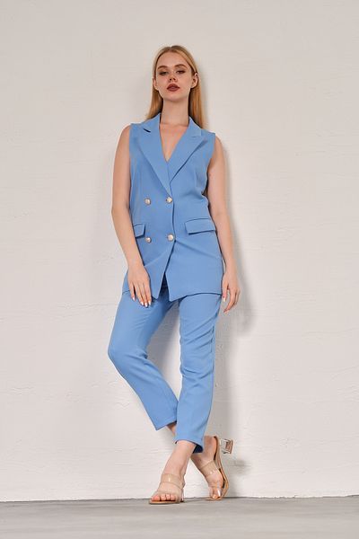 diaves Light Blue Blazer Vest Pipe Leg Trousers Atlas Fabric Suit