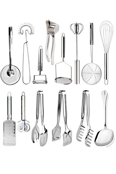 Selenica 14 Pieces Economical Kitchen Prep Utensils Strainer Grater Peeler Beater Colander Serving Tongs Set