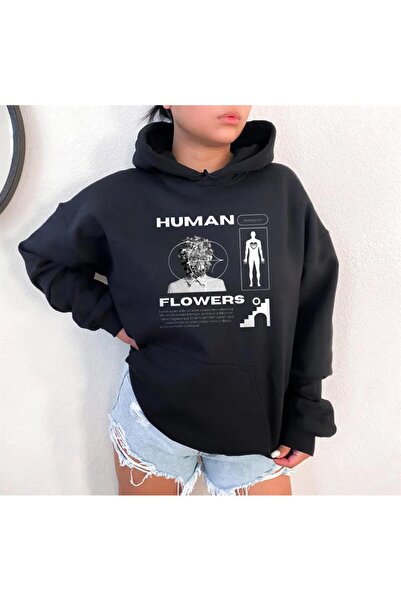 Touz Eysa Fashion Human Flowers Black Unisex Hooded Oversize Sweatshirt Hoodie