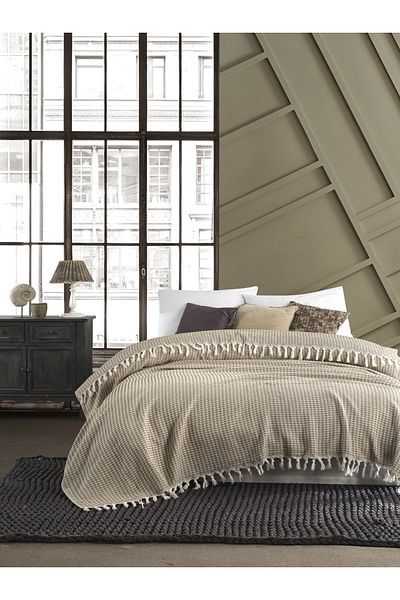 Lux Touch غطاء لحاف مزدوج باللون البيج روبي مقاس 200 × 230 سم غطاء أريكة للسرير بذراعين وشرابات منسوجة من القطن