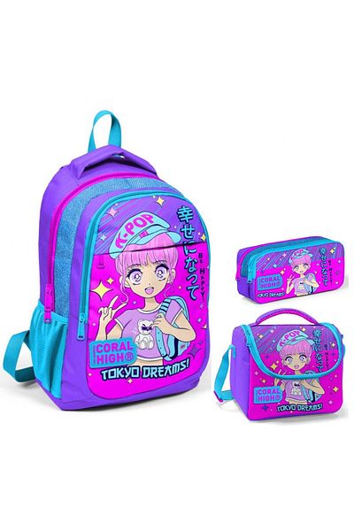 Coral High Set de genți pentru școală primară triplă Lavender K-Pop