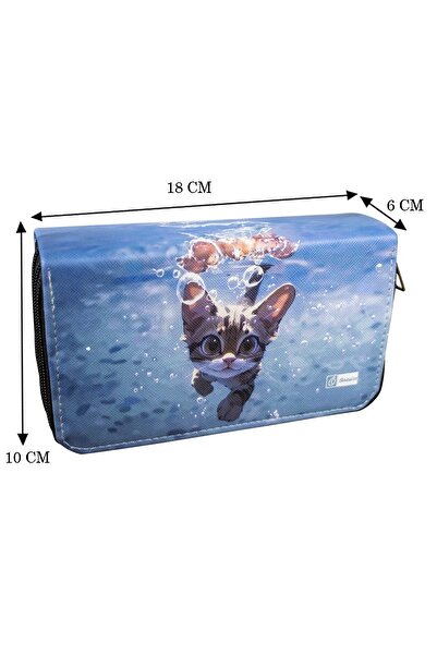 OneSize Kalem Kutusu Yüzen Kedi Temalı Orginazer Üç Bölmeli Vegan Deri (Kalemlik)