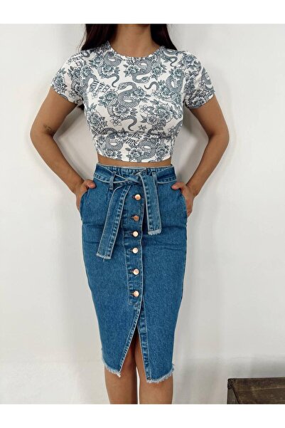 Up Shop Fusta de blugi cu ciucuri cu talie înaltă de culoare albastră