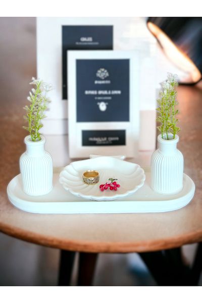 stonnish Oyster Jewelry Plate, Mini Striped Trinket Bottle Vase Set of 2, Oval Tray Set of 4 Decorative Raw White