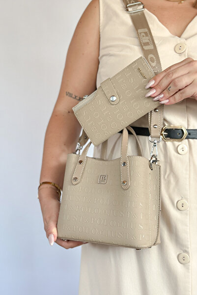 Just Polo طباعة النقش عالية الجودة 4 حجرة حقيبة يد وكتف نسائية 24 × 24 سم 4095 تركيبة رملية