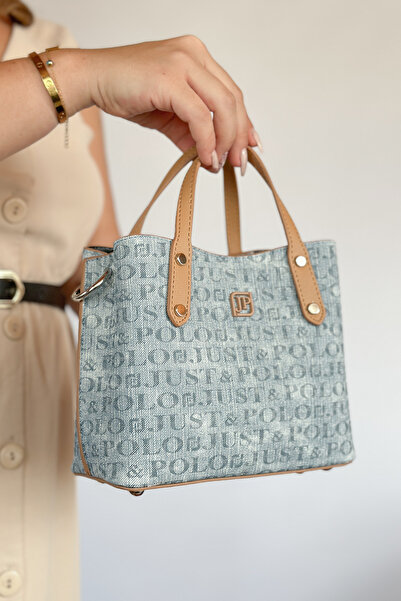 Just Polo Embossing Printing Premium Quality 4 Compartment Women's Hand and Shoulder Bag 24x24cm 4095 jeans combination