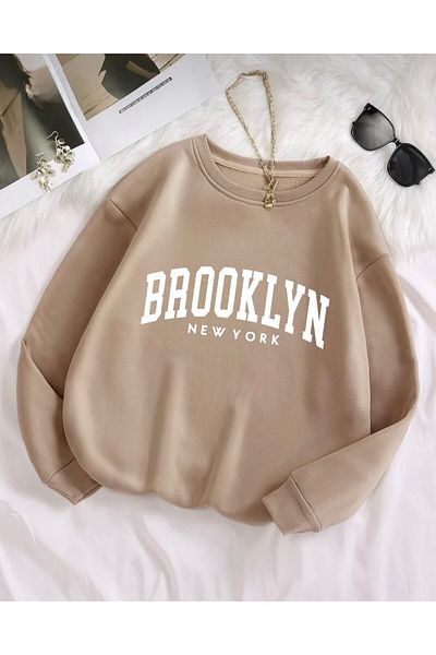 NewCabin New Season Basic Crew Neck Brooklyn Printed Oversize Φαρδιά φούτερ από φλις φούτερ