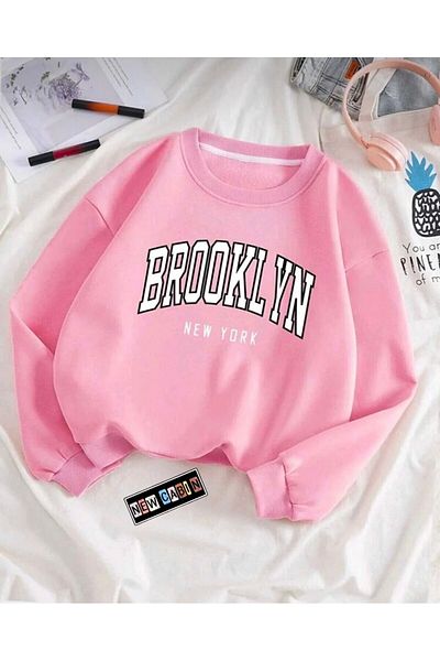 NewCabin New Season Basic Crew Neck Brooklyn Printed Oversize Φαρδιά φούτερ από φλις φούτερ
