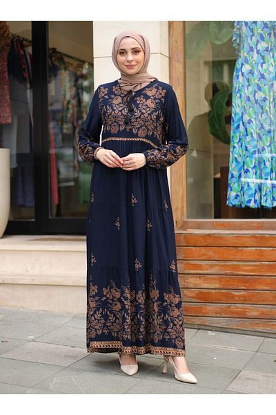 ZENANE Water Patterned Dress - Navy Blue - ZENANE