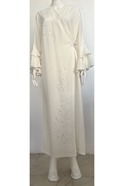 nisa46 Maraş İşi Nakışlı Kırık Beyaz Sabahlık