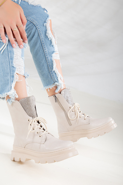 LULO Kadın Ten Bej Bileği Taşlı Kalın Platform Tabanlı Bağcıklı Fermuarlı Spor Şık Bot K1005