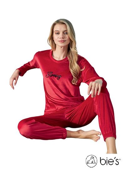 bie's Red Crew Neck Velvet Off-Shoulder Wrist Cuff Long Sleeve Sports Set-Valentine's Day Special