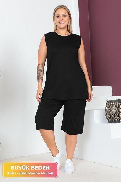 tarzımsüper Plus Size Comfort Μοντέλο Capri Σετ 2 τεμαχίων με ελαστική μέση και τσέπες Κάπρι σορτς κάτω-πάνω σετ δύο τεμαχίων