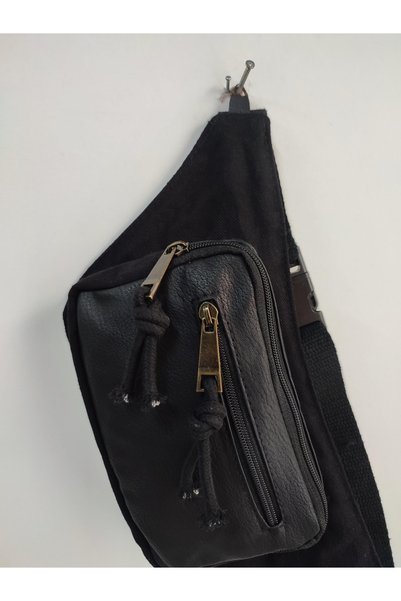 Street Bag Black Leather Waist Bag 3 Compartment Waist Bag Unisex Colorful Shoulder and Waist Bag