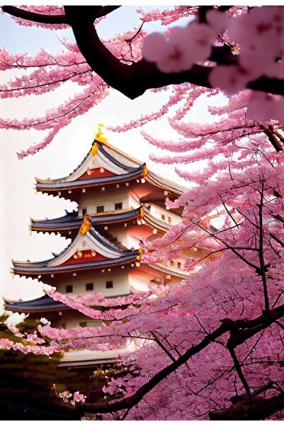 Genel Markalar PEMBE JAPON AĞACI HD Baskı Dikey Kanvas Tablo Oturma Odası Sal...