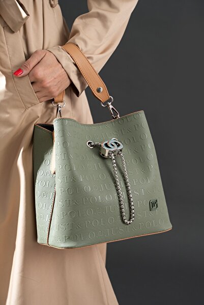 Just Polo حقيبة كتف نسائية باللون الأخضر مطبوع جلد مع إكسسوارات خاصة 4075-jp