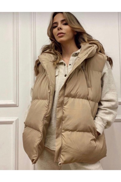 moda alkoc Kapüşonlu Boyfriend 3 Cepli Oversize Şişme Yelek