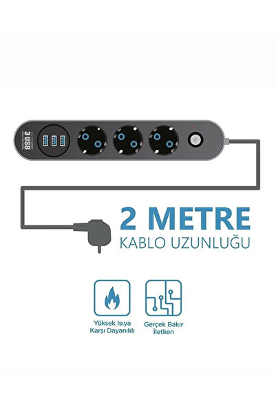 Aırstorr Akım Korumalı 3’lü Grup Priz 1 Mini led Uzatma Kablosu 3X Usb 3X Anahtar 2M Kablo 2500w