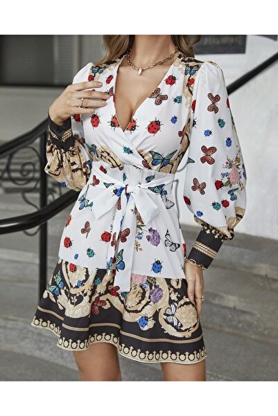 1Moda1Tarz Γυναικείο μίντι φόρεμα με ζωηρόχρωμο ύφασμα κρεπ με λαιμόκοψη V