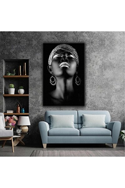 AR AJANS KANVAS TABLO Afrikalı Siyahi Gümüş Küpeli Kadın Afrıcan Woman Kanvas...