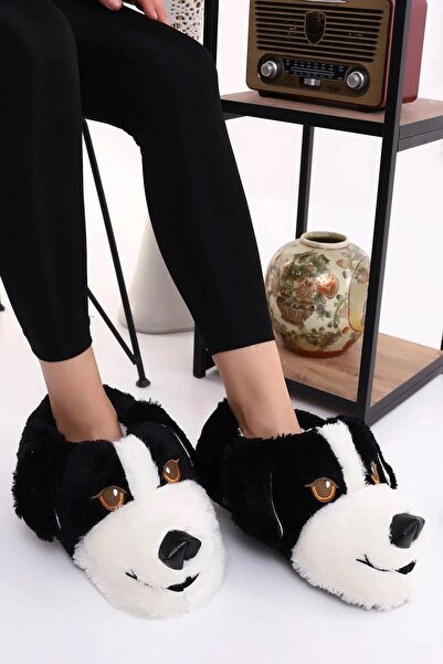 Altın Adım Ασπρόμαυρες χειμερινές παντόφλες για το σπίτι με φιγούρα σκύλου, βελούδινη μαλακή αντιολισθητική και χωρίς ήχο σόλα