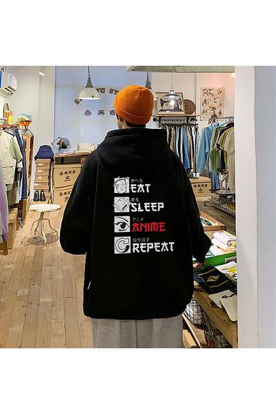 Touz LAGOM MODA Eat Sleep Anime Repeat Back Εκτυπωμένο μαύρο μπλουζάκι Unisex Oversize με κουκούλα