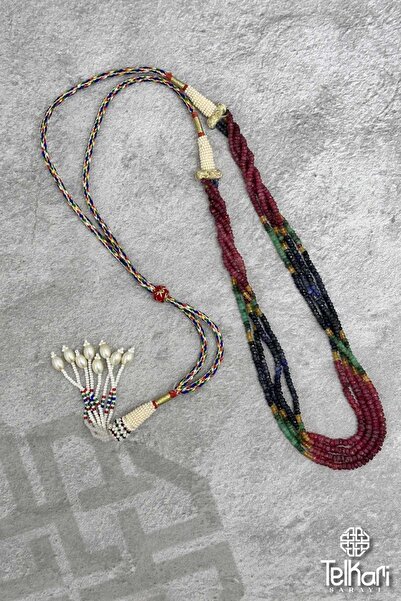 telkari sarayı Doğal Taşlı Boncuk Püsküllü Gümüş Kolye