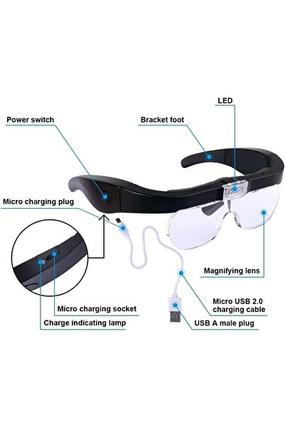 Tahtakale Dünyası Büyüteç şarjlı led ışıklı gözlük tipi 4 lensli yakın çalışm...