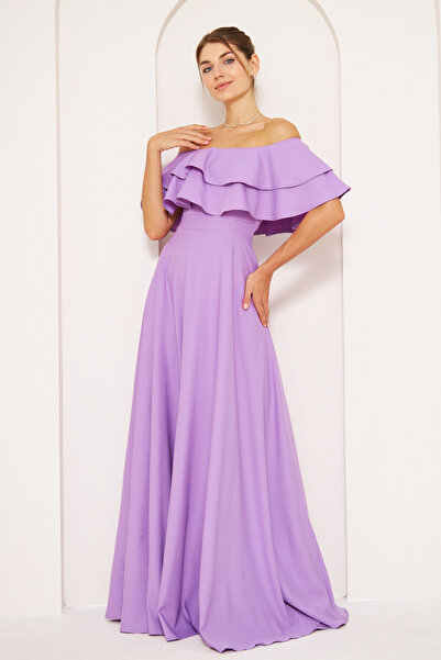 NO48 Лилава вечерна рокля с волани и яка, открити рамене, ефирна тъкана матер...