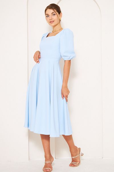 NO48 Baby Blue Midi Length Balloon Sleeve Square Collar Short Elastic Sleeve Woven Draped Fabric Dress
