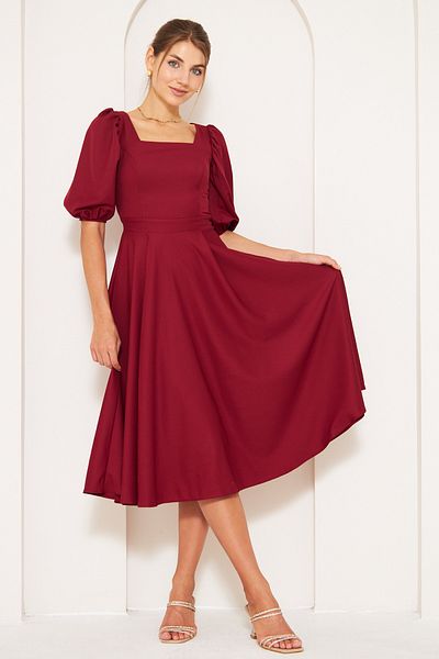 NO48 Burgundy Midi Length Balloon Sleeve Square Neck Short Elastic Sleeve Woven Draped Fabric Dress