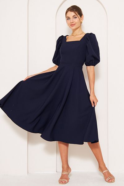 NO48 Navy Blue Midi Length Balloon Sleeve Square Neck Short Elastic Sleeve Woven Draped Fabric Dress