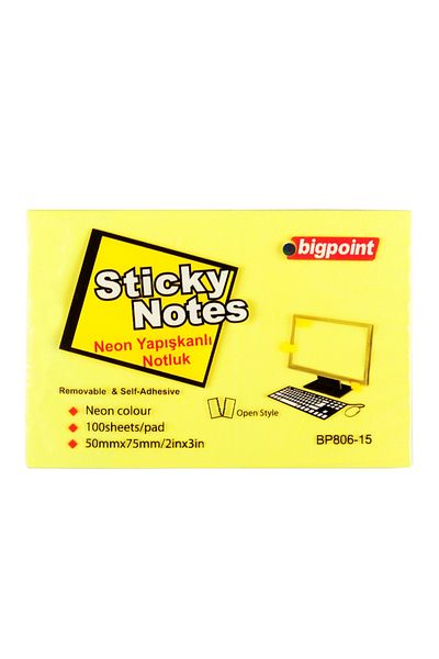 Bigpoint Adhesive Note Paper 75x50mm Neon Yellow 12 Pack