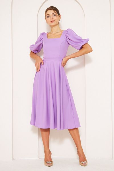 NO48 Lilac Midi Length Balloon Sleeve Square Neck Short Elastic Sleeve Woven Draped Fabric Dress
