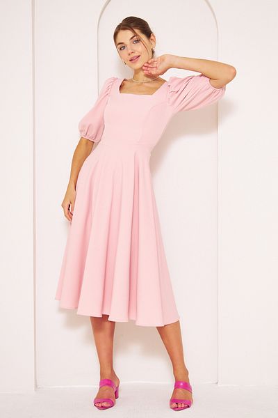 NO48 Powder Midi Length Balloon Sleeve Square Neck Short Elastic Sleeve Woven Draped Fabric Dress