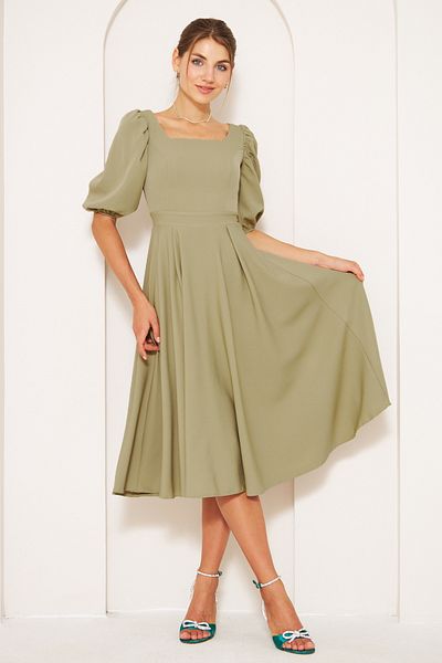 NO48 Oil Green Midi Length Balloon Sleeve Square Neck Short Elastic Sleeve Woven Draped Fabric Dress