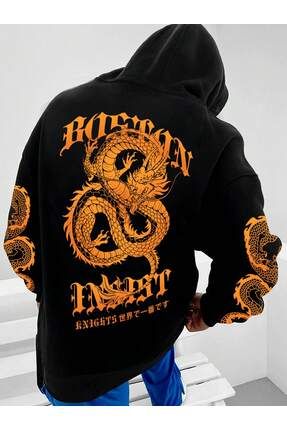 Adrift Kap onlu Sweatshirt Manfinity EMRG Men Chinese Dragon Letter Graphic Thermal Lined Fiyat Yorumlar Trendyol