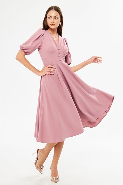 Bidoluelbise Balloon Sleeve V-neck Corsage Belt Detail Ornamental Buttoned Chest Pleated Woven Draped Fabric Midi Dress